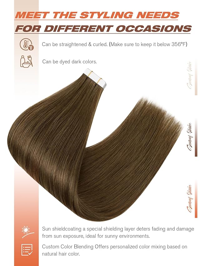 Sunny Hair Human Hair Tape in Extensions, Cool Brown Tape in Hair Extensions Human Hair 20 inch Straight Remy Tape in Human Hair Extensions 20Pcs 50g