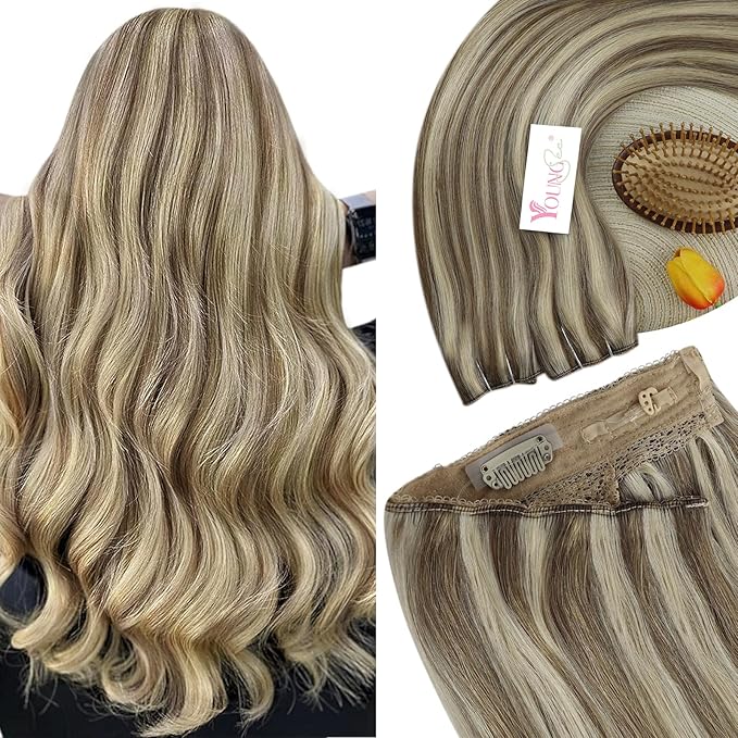 YoungSee Wire Hair Extensions Human Hair Light Brown Hair Extensions Wire Highlights Light Brown with Blonde One Piece Hair Extension Real Human Hair Dyable Remy Hair 18Inch 80G
