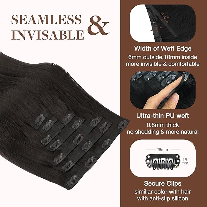 GOO GOO Clip in Hair Extensions Real Human Hair, Remy Human Hair Extensions Clip ins for Women, Natural Human Hair, 12inch 85g 7Pcs, #2 Dark Brown