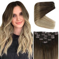 Ve Sunny Clip in Hair Extensions Ombre Dark Brown to Light Brown with Ash Brown Clip in Human Hair Extensions Invisible Clip in Extensions Balayage Dark Roots 18inch 7pcs 120g