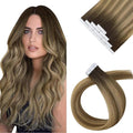 Sunny Hair Tape in Hair Extensions Human Hair 14 Inch Hair Extensions Real Human Hair Tape in Extensions for Women Dark Brown Ombre Brown Mix Caramel Blonde Virgin Hair Natural Straight 10Pcs 25g