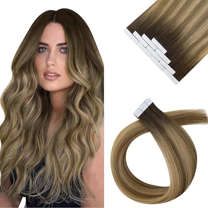 Sunny Hair Tape in Hair Extensions Human Hair 18 Inch Hair Extensions Real Human Hair Tape in Extensions for Women Dark Brown Ombre Brown Mix Caramel Blonde Virgin Hair Natural Straight 10Pcs 25g