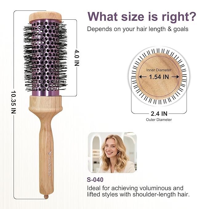 SUNBIRD Round Brush for Blow Drying - Wood Handle Professional Blowout Brush with Aluminium Ceramic Ionic Thermal Barrel for Smooth Hair, Volume & Heat Wave Curly Styling (Outer Diameter2.4Inch)