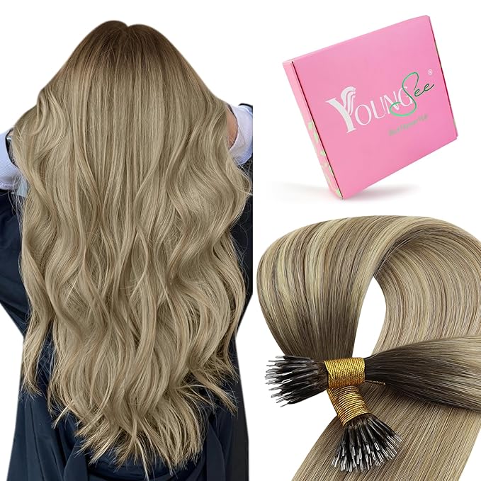YoungSee Nano Ring Hair Extensions Ombre 16 Inch Nano Tip Hair Extensions Real Human Hair Dark Brown Ombre Light Brown with Blonde Nanobead Hair Extension Human Hair Balayage for Daily 50s 50g