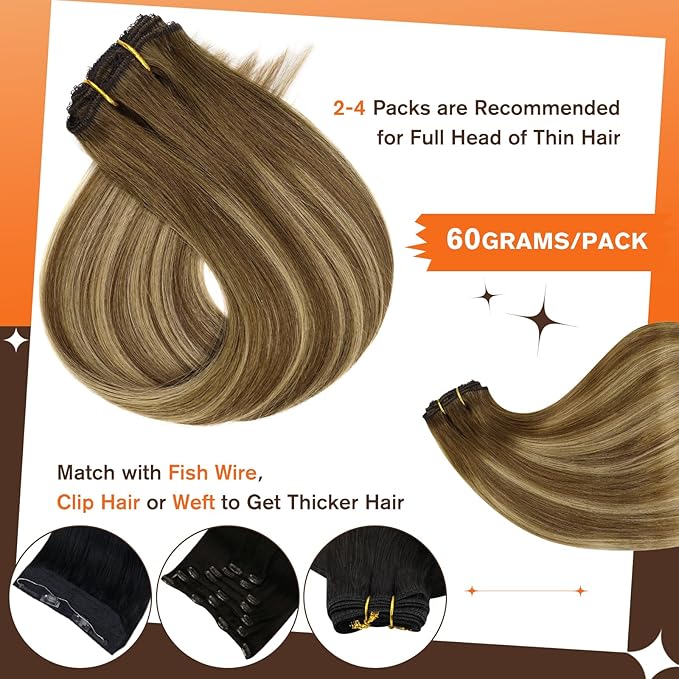 Full Shine Seamless Hair Extensions Clip in 20 Inch Ombre Brown and Medium Brown Highlight Blonde Hair Extension Clip ins Long Silky Straight Hair 60 Grams 3 PCS