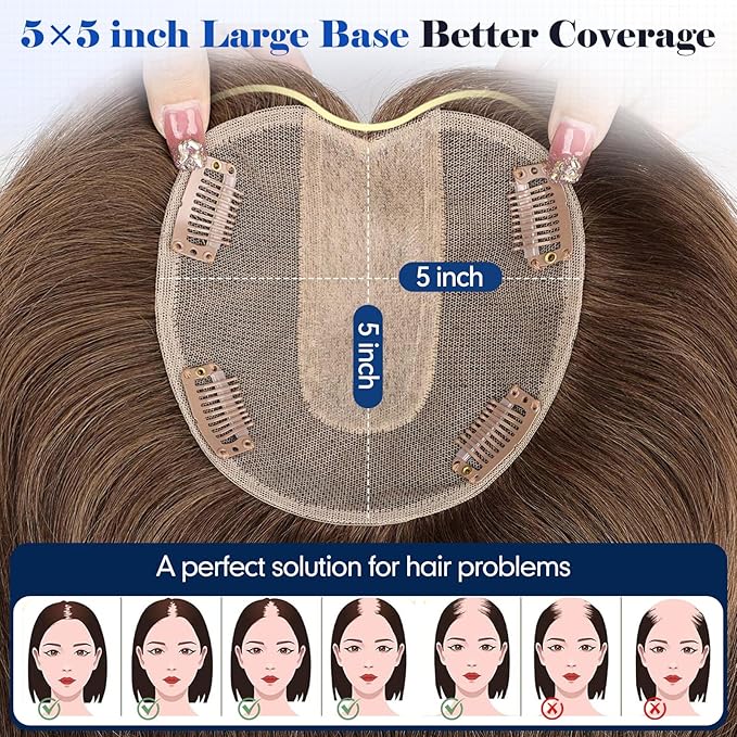 HAIRCUBE Hair Toppers For Women With Thinning 5"*5" Large Base Real Hair Toppers For Women, 14 Inch For Hand-Woven, 60g, Silk, Natural, realistic, Use Daily, Hairloss, Brown, No Bangs
