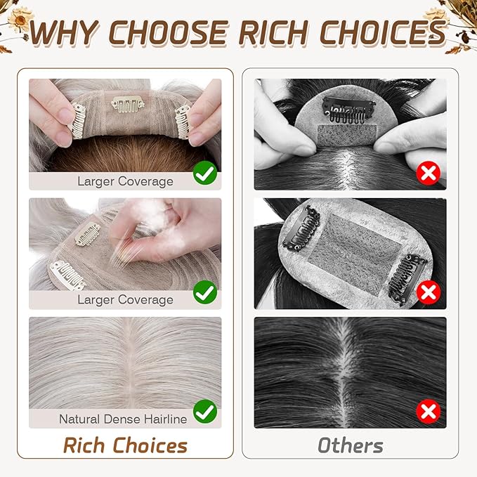 Rich Choices Real Human Hair Toppers for Women With Bang 100% Remy Human Hair Topper for Thinning Hair Clip in Silk Base Hair Topper 10 Inch GREY