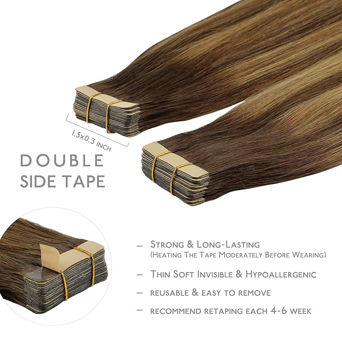 WENNALIFE Tape in Hair Extensions Human Hair, 20pcs 60g 26 inch Balayage Chocolate Brown to Caramel Blonde Remy Hair Extensions Straight Human Hair Tape in Extensions Skin Weft Tape Extensions