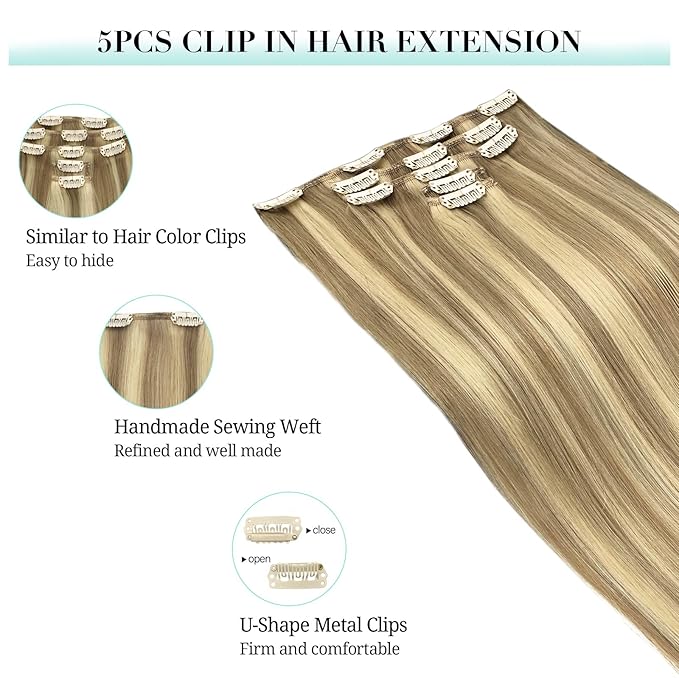 DOORES Clip in Human Hair Extensions, 5 pcs 80g Light Blonde Highlighted Golden Blonde Balayage 20 Inch Hair Extensions Clip in Real Straight Natural Hair