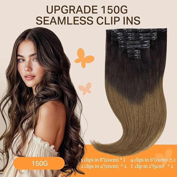 DOORES Clip-in Hair Extensions, Chocolate Dip Color Melt 7pcs 150g 22 Inch, Seamless Real Human Remy Hair Weft Straight Invisible Edge Extensions