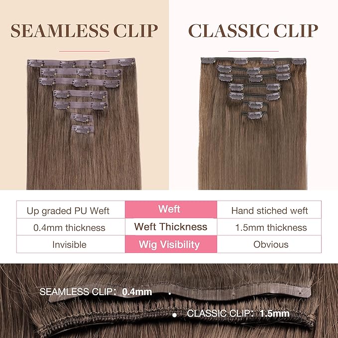 GOO GOO Clip in Hair Extensions Real Human Hair, Remy Human Hair Extensions Clip ins for Women, Natural Human Hair, 24inch 160g 7Pcs, 5 Light Ash Brown