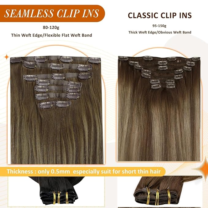 Full Shine Human Hair Clip in Extensions Brown Balayage Seamless Clip in Hair Extensions Human Hair Medium Brown with Honey Blonde Highlights Natural Seamless Look 18 Inch 8 Pcs 120 G
