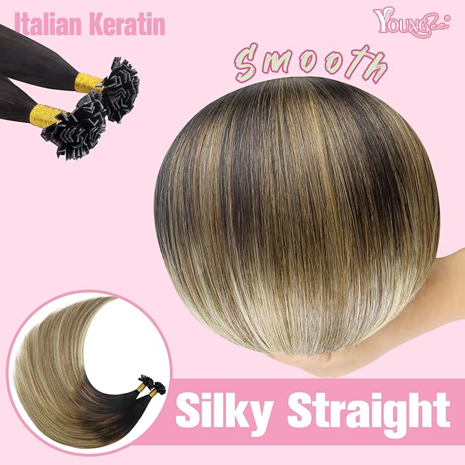 YoungSee K Tip Hair Extensions Human Hair Balayage Keratin Hair Extensions K Tip Ombre Dark Brown to Brown with Blonde Silky 18In 1g/s 50g