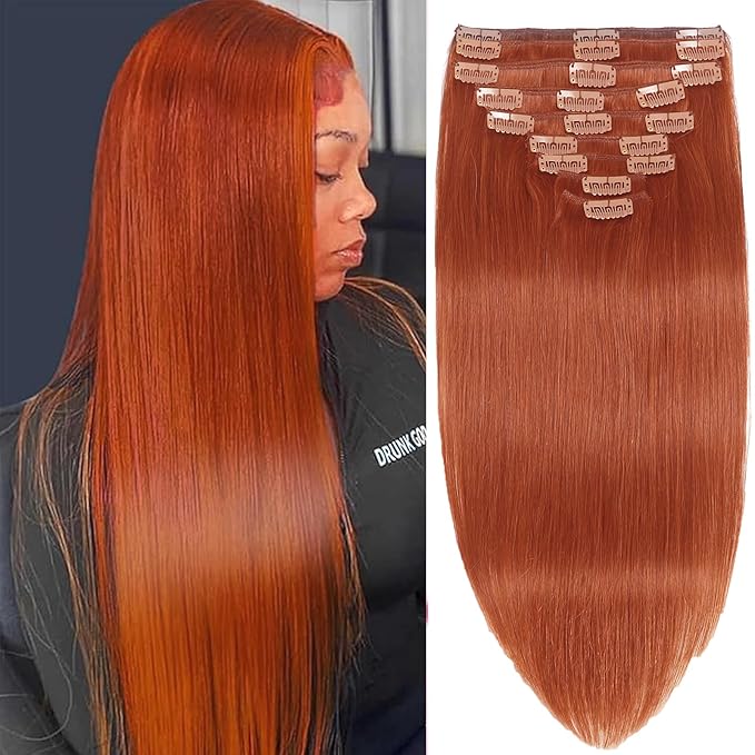 20inch Clip in Hair Extensions Real Human Hair, 120g 8pcs Double Weft with 18clips Clip on Hair Extensions Smooth Human Extensions for Women Brazilian Remy Human Hair (#350 Copper)