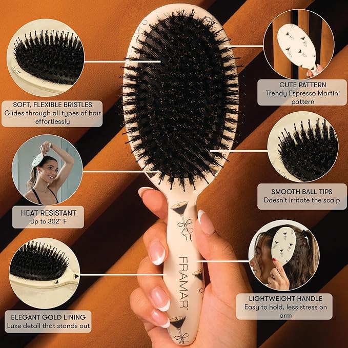 FRAMAR Soft Boar Bristle Hair Brush For Women – Boars Hair Brush For Women, Boar Brush For Fine Hair, Hairbrush For Fine Hair, Soft Bristle Brush For Slick Back, Volume and Shine - Espresso Martini