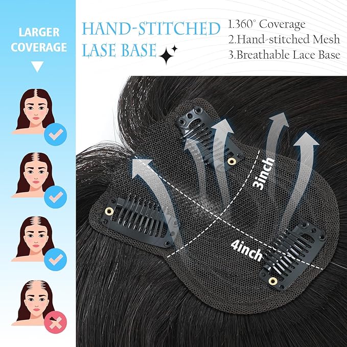SARO-UP Hair Toppers for Women Real Human Hair Toppers for Women with Thinning Hair pieces with No Bangs 3 * 4Inch Hand-Tied Invisible Upgrade Swiss Base 10Inch Topper (Natural Black)