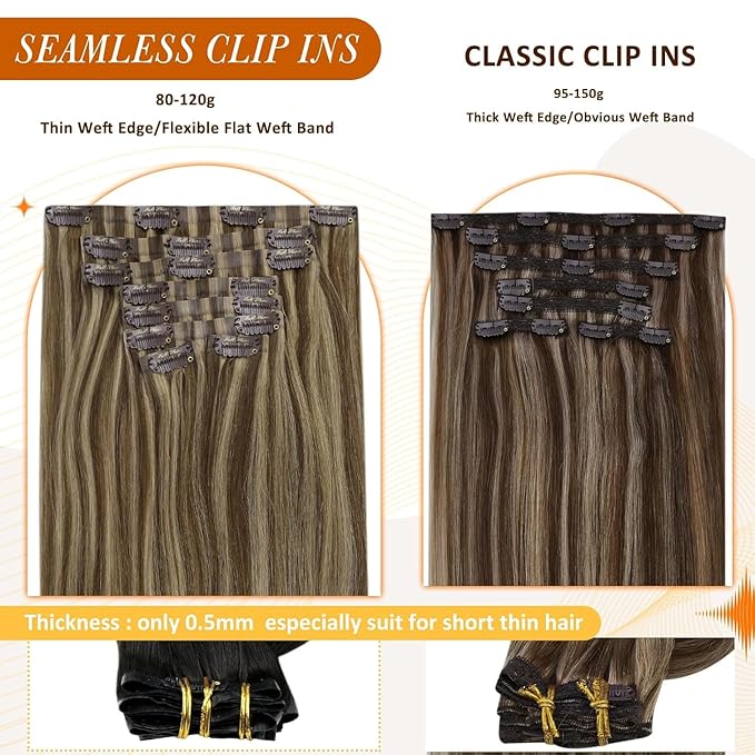 Full Shine Clip in Hair Extensions Human Hair 22 Inch Blonde with Brown Highlights Seamless Clip in Hair Extensions Add Volume for Women Softness 8 PCS 120 G