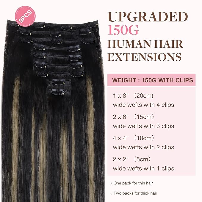 GOO GOO Clip in Hair Extensions Real Human Hair, Remy Human Hair Extensions Clip ins for Women, Natural Human Hair, 16inch 150g 9Pcs, 1B/16/1B Balayage Natural Black to Light Blonde