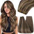 YoungSee Sew in Hair Extensions Real Human Hair Highlights Brown with Blonde Weft Extensions Long Straight Human Hair Sew in Extensions Dark Brown Mix Caramel Blonde 22Inch 100G