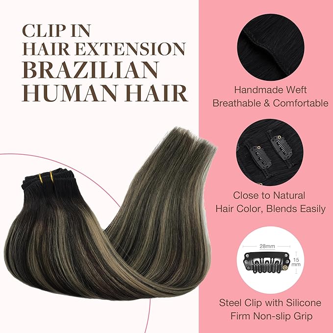 GOO GOO Clip in Hair Extensions Real Human Hair, Remy Human Hair Extensions Clip ins for Women, Natural Human Hair, 16inch 120g 7Pcs, 1B/16/1B Balayage Natural Black to Light Blonde