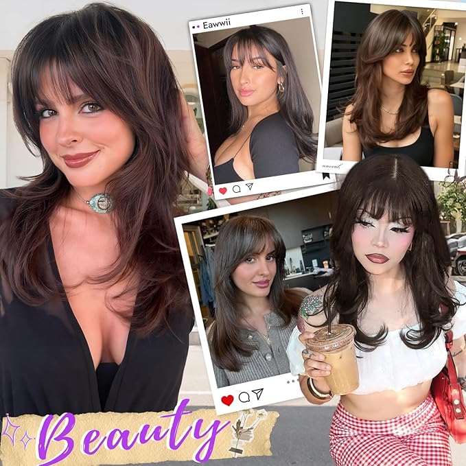 Wig with Bangs for Women Black Straight Face-Framing Layers Hairstyle 4x4 Realistic Scalp Glueless Synthetic Wigs Medium Length for Everyday Use