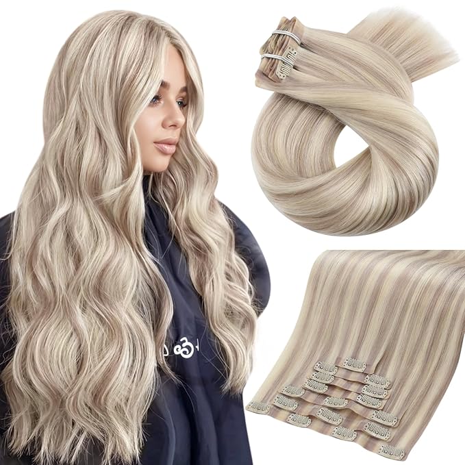 Moresoo Seamless Clip in Hair Extensions Human Hair Blonde Highlight Remy PU Weft Human Hair Clip in Extensions for Women Cool Ash Brown with Bleach Blonde with A Hint of Pink 7pcs 120g 20Inch