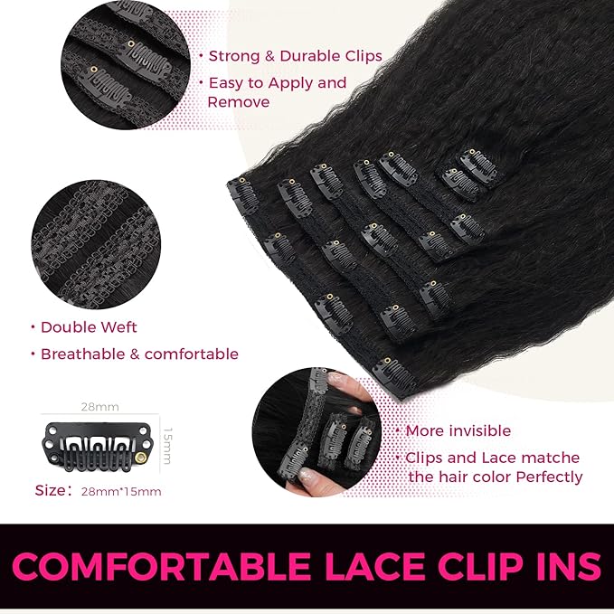 Lashey Kinky Straight Clip in Hair Extensions for Black Women, 18 Inch 7pcs 120g #1B Natural Black, Clip in Hair Extensions Real Human Hair Lace Clip Ins Thick Human Hair