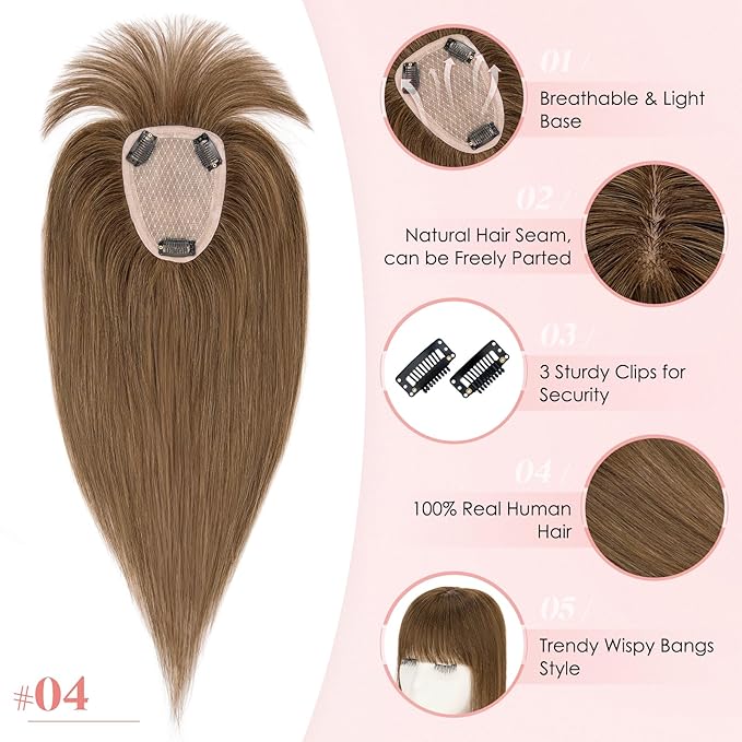 Hairro Human Hair Toppers with Wispy Bangs, 3.5x4.7" Hand-wovened Base for Women with Thinning Hair, Lightweight & Breathable Realistic Scalp, Clip-in Hairpieces for Easy Wear, 16 Inch Medium Brown