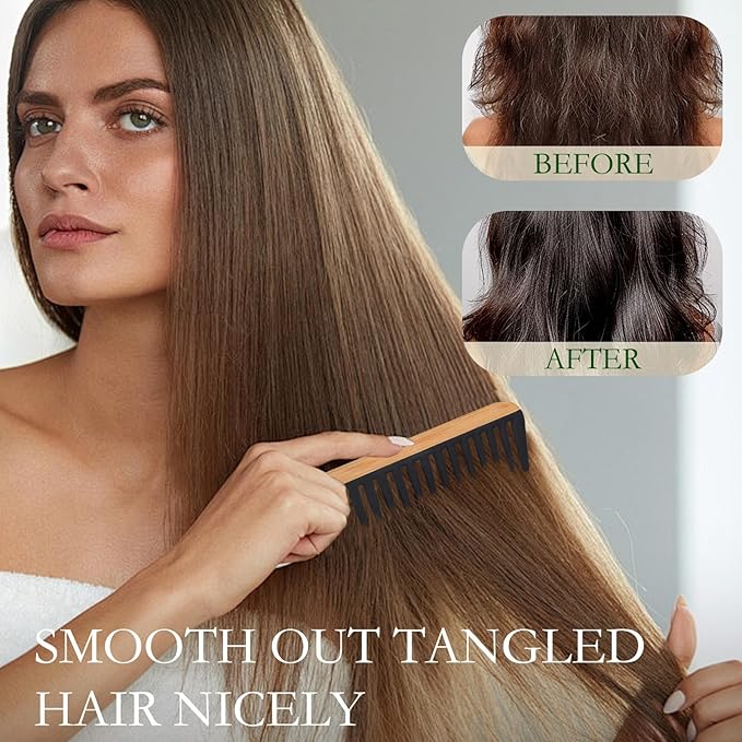 2 Pcs Bamboo Wide Tooth Comb Set - Wooden Wide Tooth Comb for Women, Anti-Static Detangling Hair Comb for Curly/Wet/Thick Hair with Bakelite Teeth