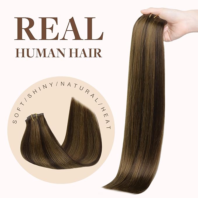 GOO GOO Clip in Hair Extensions Real Human Hair, Remy Human Hair Extensions Clip ins for Women, Natural Human Hair, 18inch 130g 7Pcs, 2C/4E/6C Brown Sugar Swirl Highlights