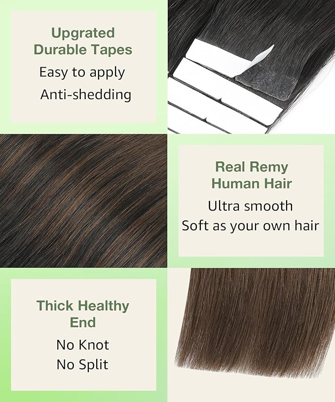 SURNEL Tape in Hair Extensions Ombre Color 1B Off Black Fading To 4 Middle Brown Remy Human Hair Tape in 20 inch 20pcs 50g(#1BT4-20)