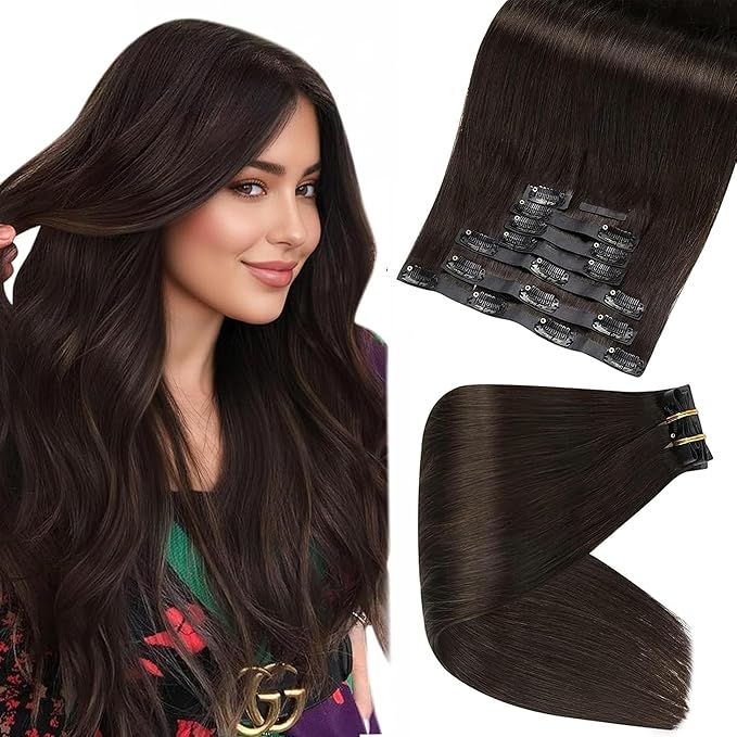 Full Shine Seamless Hair Extensions Clip ins Brown 22 Inch Clip in Hair Extension Real Human Hair Invisible Brunette Hair Extensions for Women 120 G 8 PCS