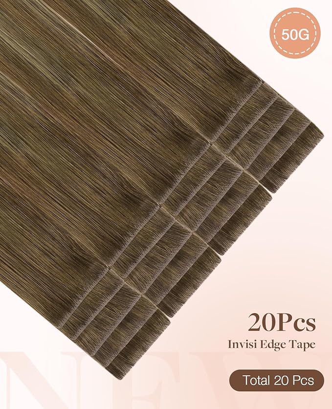 GOO GOO Invisi Edge Tape in Hair Extensions Human Hair, 3/8/613 Balayage Walnut Brown to Ash Brown and Bleach Blonde 20pcs 10inch 30g, Virgin Remy Hair, Seamless Injected Tape, Natural Look