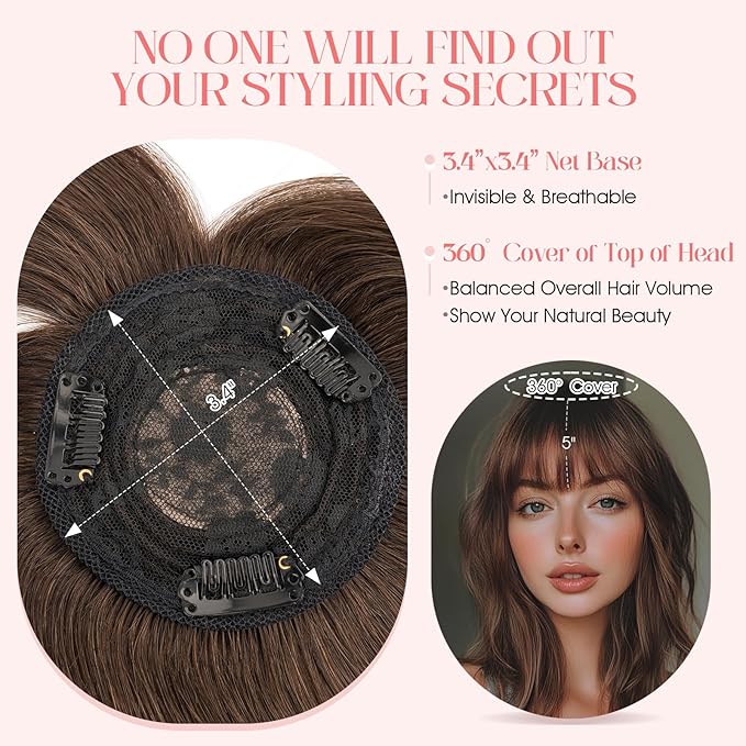 Hairro Mono Hair Toppers with Bangs, 3.4" x 3.4" Mono Base 100% Real Human Hairpieces for Women, 150% Density Clips In Topper for Greyish Thinning Hair, 12 Inch Dark Brown