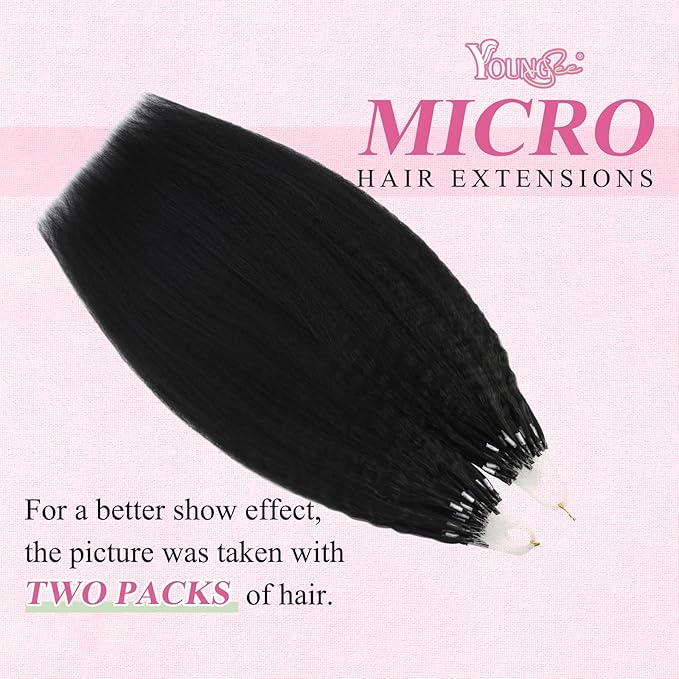 YoungSee Micro Beads Hair Extensions Human Hair Kinky Straight 22 Inch Black Microbead Hair Extensions Human Hair Black 50g Beaded Hair Extension Yaki 50s Invisible Microloop Remy Hair