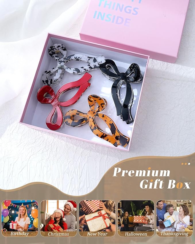 Mesovor 4 Pack Bow Hair Claw Clips for Women, Nonslip 4.3" Large Hair Grip Clawclips for Thin and Thick | Bowknot Hair Strong Hold Hair Jaw Clamps Gifts (Black, Red, Yellow Leopard, White Leopard)