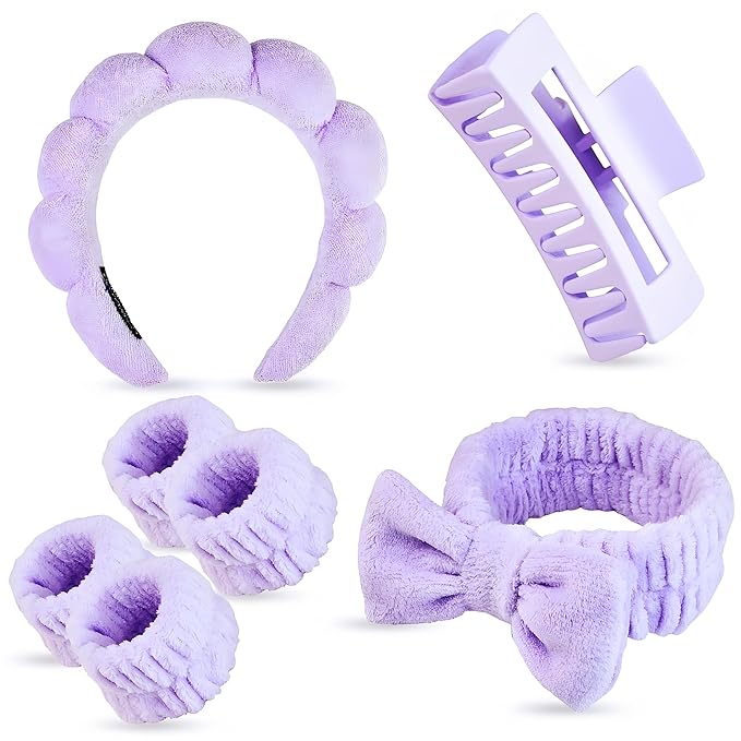 7 Pcs Spa Set, Facial Headband and Wristband Set, Skincare Accessories, College Style Girl Idea Gifts, Hair Accessories for Women and Girls (Purple)