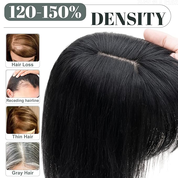 SEGO Hair Toppers for Women Real Human Hair with Thinning Hair, Toppers Hair Pieces Clip in Toppers Straight Hair Pieces with Front Bangs 150% Density Silk Base -8 Inch #1 Jet Black