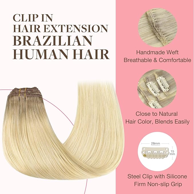 GOO GOO Clip in Hair Extensions Real Human Hair, Remy Human Hair Extensions Clip ins for Women, Natural Human Hair, 22inch 120g 7Pcs, #R7/60F