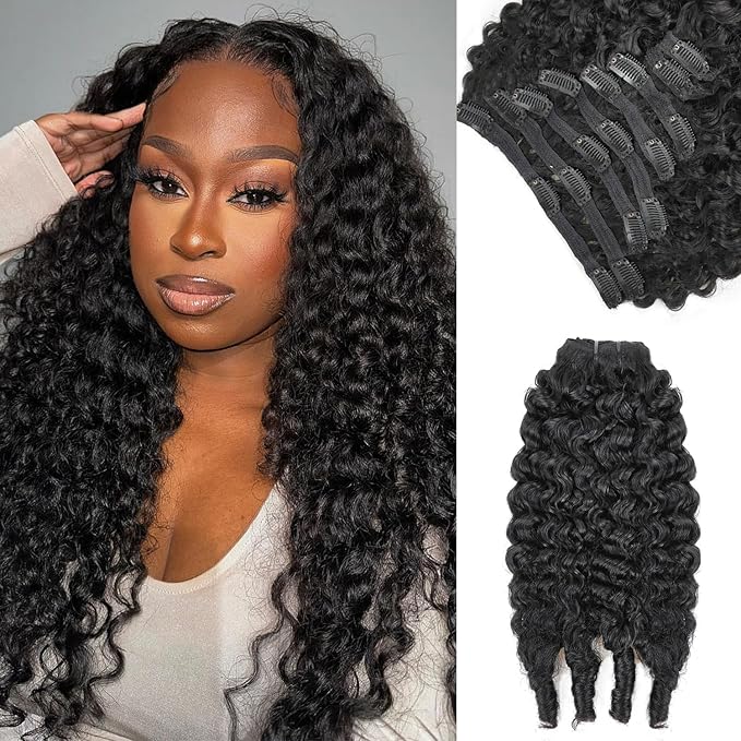 Burmese Curly Clip in Hair Extensions Real Human Hair 8Pcs Brazilian Human Hair Clip ins for Black Women With 18Clips 120g 22inch #1B Natural Black