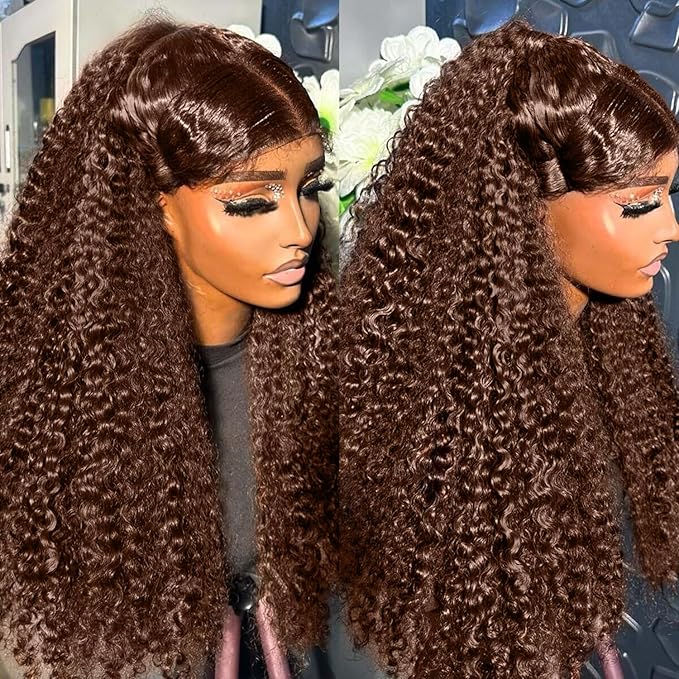 250 Density 32 Inch Deep Wave 360 Lace Front Wigs Human Hair Full Chocolate Brown Lace Front Wig Pre Plucked with Bady Hair Curly Wig 360 Glueless Lace Frontal Wigs for Women