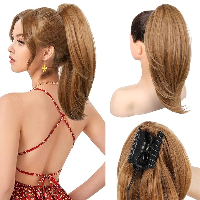 Ponytail Extension – 16” Claw Clip in Ponytail Hair Extensions Natural Soft Synthetic High Pony Tail Hairpieces for Women (Strawberry Blonde, 16 inch)