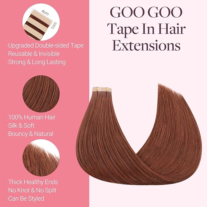 GOO GOO Tape in Hair Extensions Human Hair, #33B Dark Auburn Copper, 16inch 25g 10pcs, Skin Weft Seamless Invisible, Silky Straight with Thick Ends, Remy Human Hair