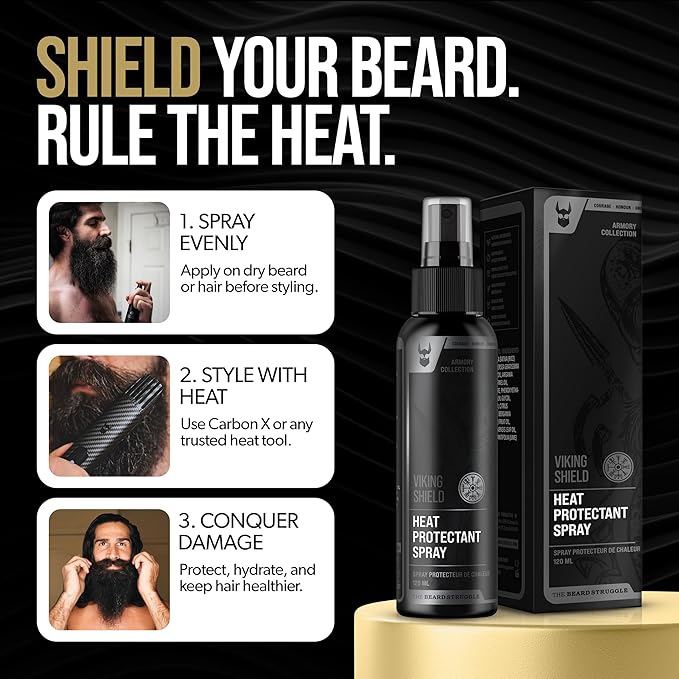 Beard & Hair Heat Protectant Spray - Viking Shield Beard Spray for Men, Protects Hair from Heat Damage of Straightener and Styling - Argan Oil Thermal Protector Spray - Protect Up To 450º F - 4 Fl Oz