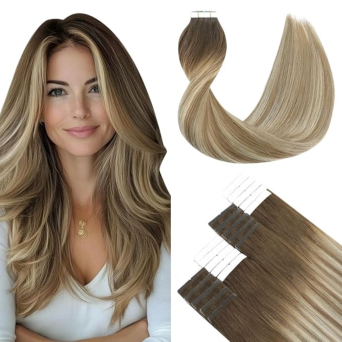 SURNEL Tape in Hair Extensions Balayage #3/8/22 Darker Brown to Ash Brown mixed Blonde Tape in Hair Extensions Human Hair 20 inch 20pcs 50g(#3/8/22-20)