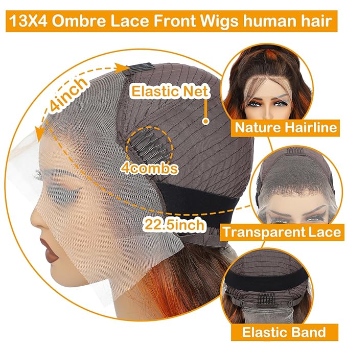 P4/350 Ginger Orange and Brown Colored Body Wave Lace Front Wigs Human Hair 13x4 Highlight HD Lace Front Wig Human Hair Pre Plucked for Black Women 180% Density Glueless Wig 32Inch