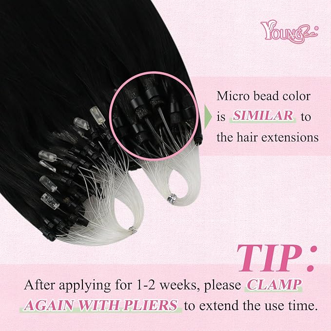 YoungSee Microlink Hair Extensions Human Hair Black Micro Bead Hair Extensions Jet Black Beaded Hair Extension Short Hair 14Inch 50s 50g Micro Ring Human Hair Extension for Adding Volume
