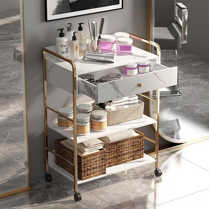 Salon Rolling Trolley with Lockable Wheels Barber Cart with Storage Drawer Mobile Hair Station Cabinet for Beauty Makeup Esthetician Spa Massage (White Marble-one Drawer-Two Shelves)