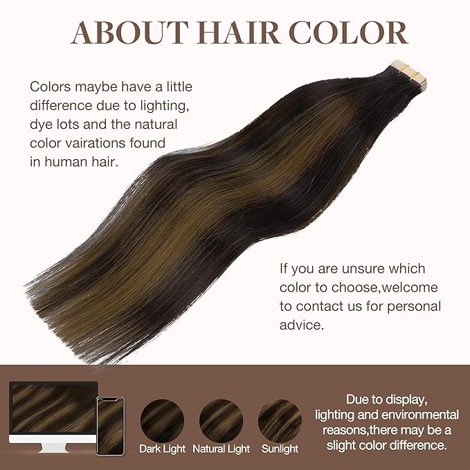 GOO GOO Tape in Hair Extensions Human Hair, 2/6/2 Balayage Dark Brown to Chestnut Brown, 20inch 50g 20pcs, Thick Ends Straight Seamless, Invisible