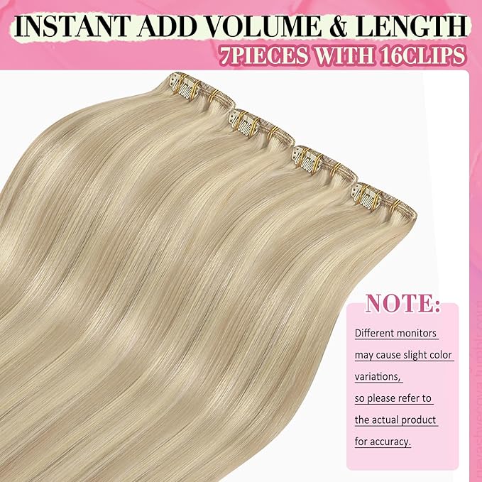 YoungSee 150G Clip in Hair Extensions Ash Blonde Highlight Bleach Blonde Clip in Extensions Dyable Blond Clip in Hair Extension Human Hair Long Straight Hair 7 Pieces 24Inch